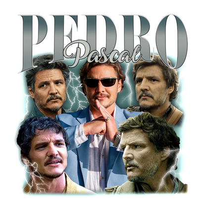 Un collage vibrante de los looks icónicos de Pedro Pascal, que muestra sus personajes versátiles en un diseño llamativo con texto en negrita. Transferencias DTF