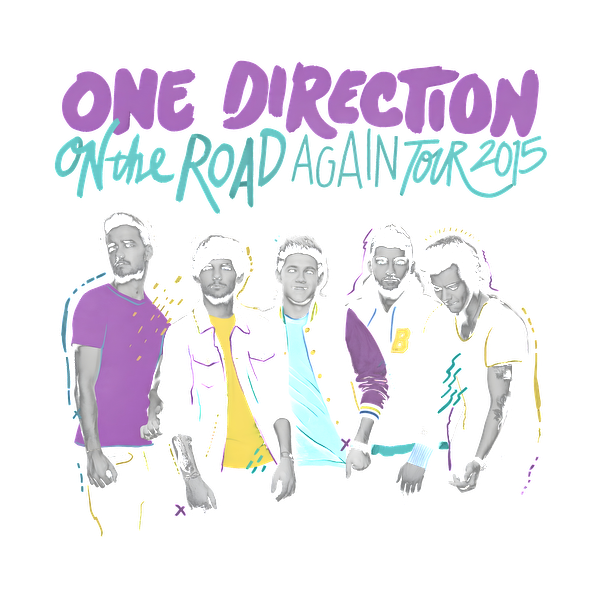 A vibrant graphic featuring the band One Direction from their 2015 "On The Road Again" tour, showcasing colorful outfits.DTF Transfers dtf prints