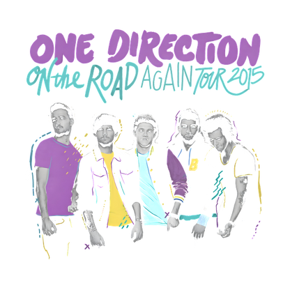 A vibrant graphic featuring the band One Direction from their 2015 "On The Road Again" tour, showcasing colorful outfits.DTF Transfers dtf prints