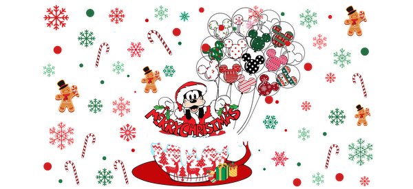 Celebrate the holiday spirit with this festive illustration featuring a joyful Mickey Mouse in a Christmas-themed cup surrounded by cheerful decorations!UV Transfersdtf regular iron