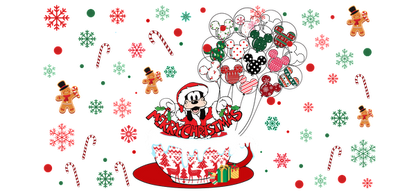 Celebrate the holiday spirit with this festive illustration featuring a joyful Mickey Mouse in a Christmas-themed cup surrounded by cheerful decorations!UV Transfersdtf regular iron