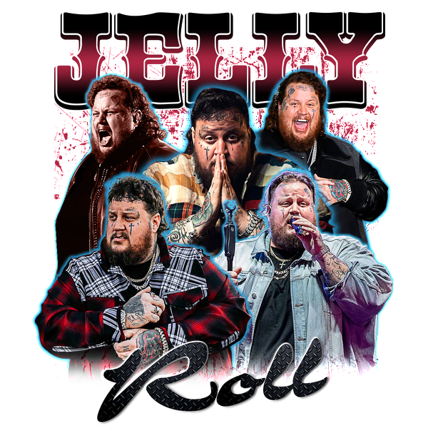 A vibrant collage featuring multiple expressive images of Jelly Roll, showcasing his dynamic performance style and distinctive tattoos.DTF Transfers heat press transfers