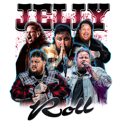 A vibrant collage featuring multiple expressive images of Jelly Roll, showcasing his dynamic performance style and distinctive tattoos.DTF Transfers heat press transfers