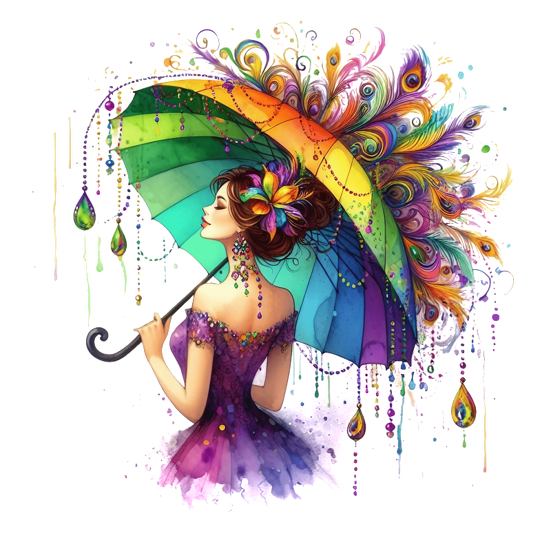 A vibrant, artistic illustration featuring a colorful umbrella adorned with peacock feathers, complementing the elegant figure in a purple dress.DTF Transfers