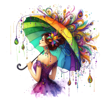 A vibrant, artistic illustration featuring a colorful umbrella adorned with peacock feathers, complementing the elegant figure in a purple dress.DTF Transfers