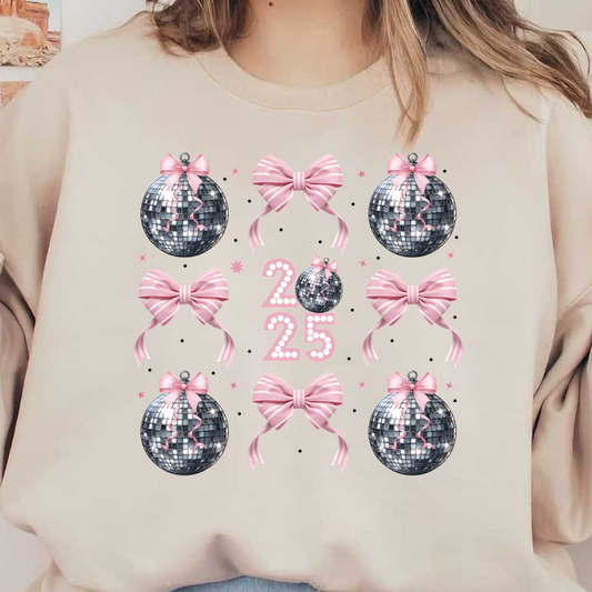 Celebrate in style with this festive design featuring shimmering disco balls, elegant pink bows, and the year “2025” in a cheerful layout!DTF Transfers dtf prints