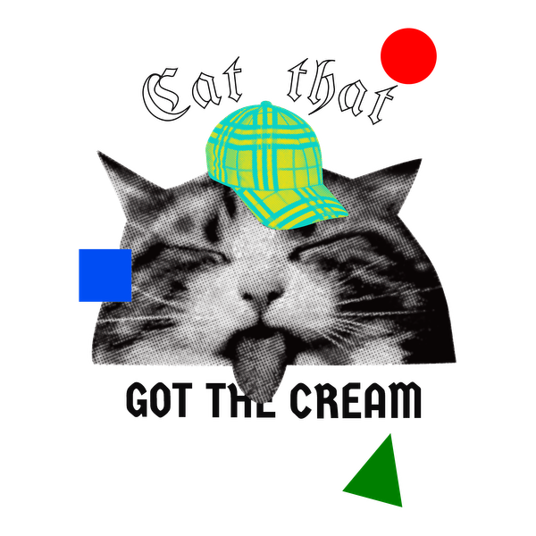 Un gráfico divertido que presenta un gato con un sombrero a cuadros vibrante, rodeado de formas geométricas coloridas y la frase "Got the Cream".