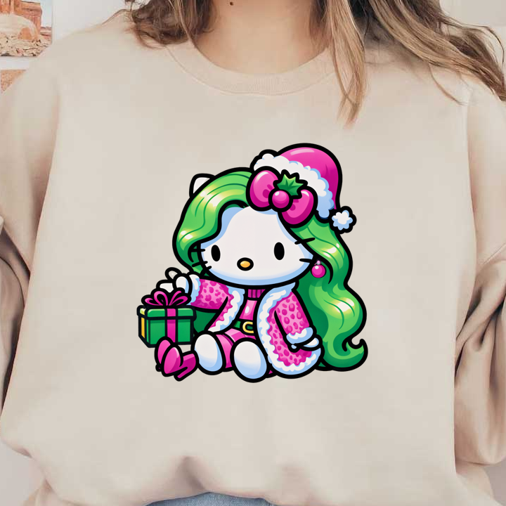 A festive Hello Kitty character with green hair, wearing a pink winter coat and a Santa hat, holding a gift.DTF Transfers dtf prints