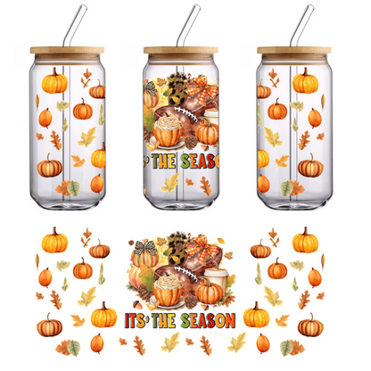 Celebrate the fall season with cozy drinks, pumpkins, and vibrant leaves in this festive autumn-themed illustration!UV Transfers dtf transfers