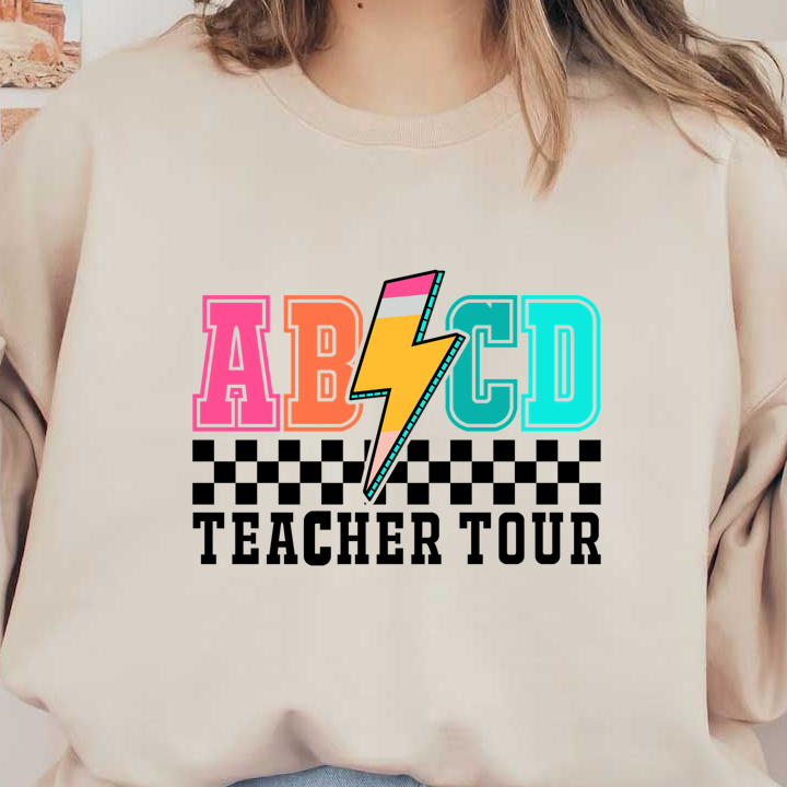 Vibrant graphic featuring the letters "ABCD" with a colorful lightning bolt, showcasing a fun and energetic design.DTF Transfers