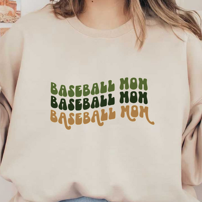 Playful "Baseball Mom" text in earthy tones, showcasing a fun and vibrant design perfect for supportive baseball moms.DTF Transfersdtf regular iron