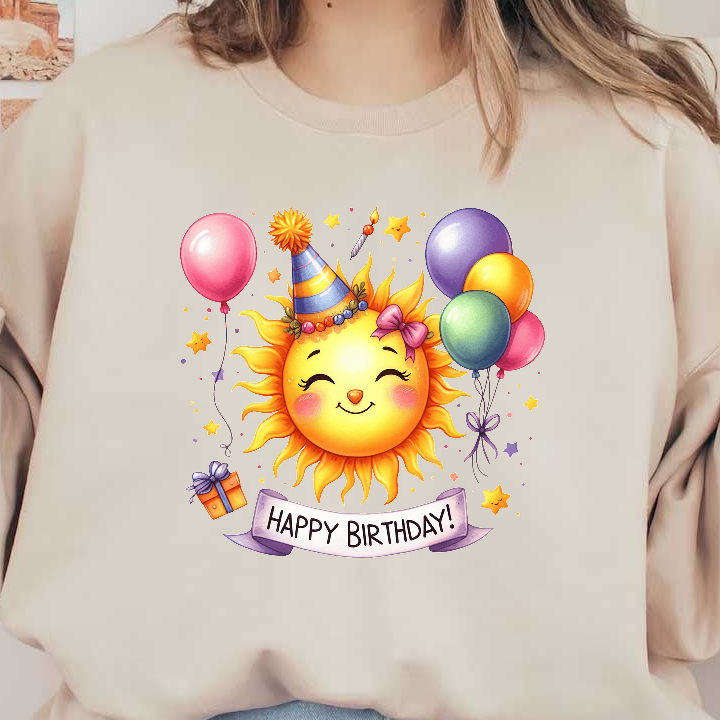 A cheerful cartoon sun with a party hat, surrounded by balloons and a gift, celebrates with a "Happy Birthday!" banner.DTF Transfers