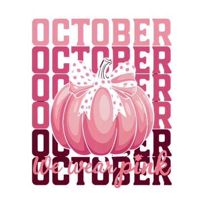 ¡Celebre octubre con un divertido gráfico de calabaza rosa que resalta "We wear pink" (Usamos rosa) en letras vibrantes!