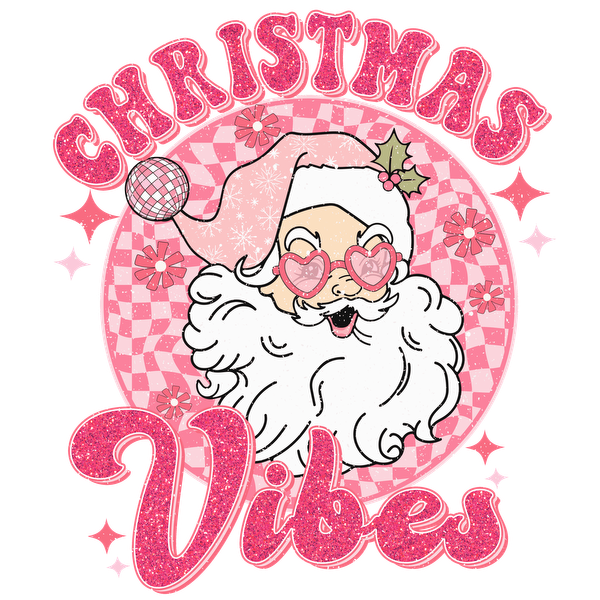 Colorful and cheerful illustration of a playful Santa with heart-shaped glasses, surrounded by "Christmas Vibes" text in pink.dtf regular iron