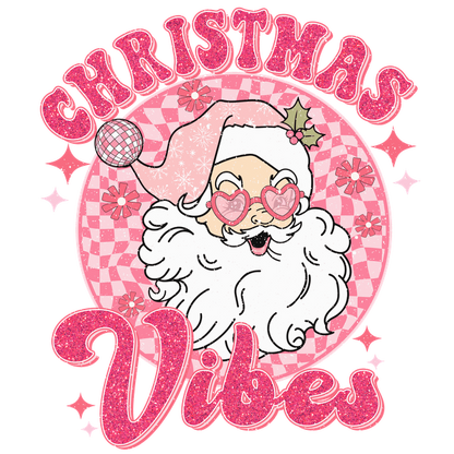 Colorful and cheerful illustration of a playful Santa with heart-shaped glasses, surrounded by "Christmas Vibes" text in pink.dtf regular iron