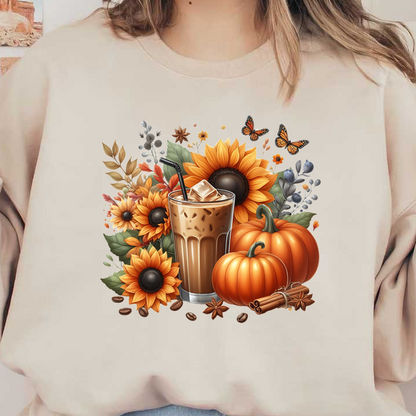 Un refrescante café helado rodeado de hojas otoñales, girasoles y calabazas, perfecto para la temporada de otoño.