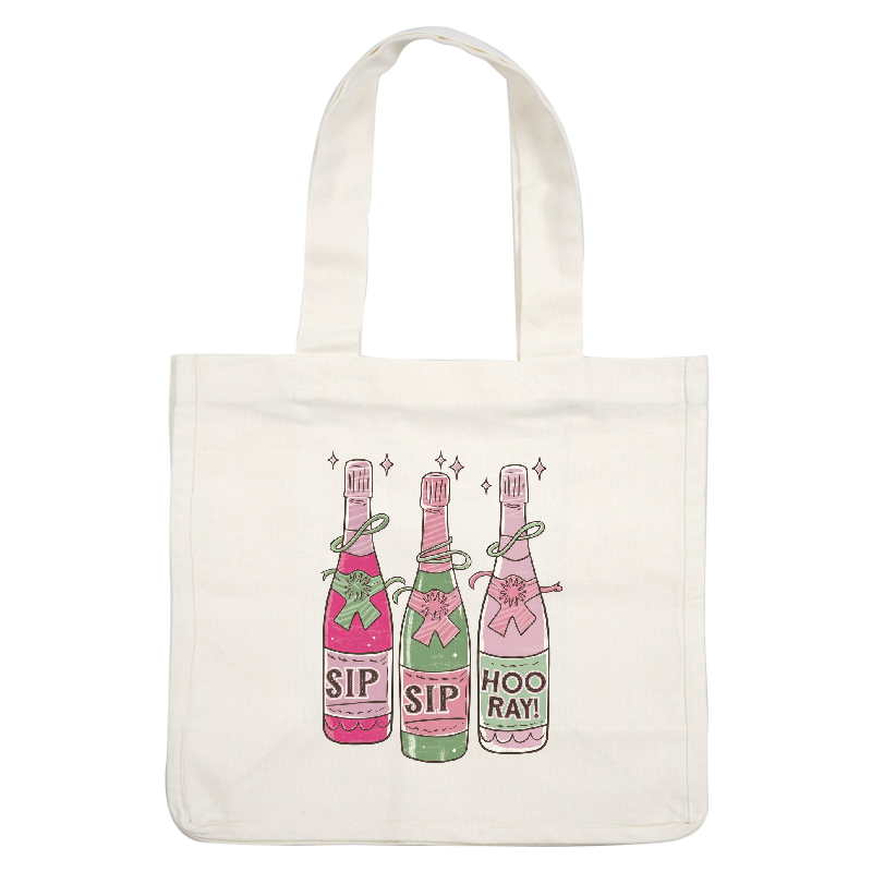 Celebrate in style with these charming, illustrated champagne bottles adorned with fun sayings: "SIP," "SIP," and "HOO RAY!"DTF Transfers