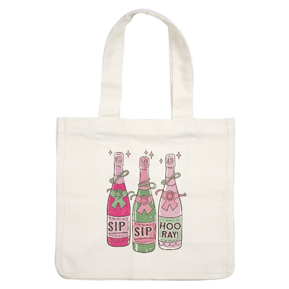 Celebrate in style with these charming, illustrated champagne bottles adorned with fun sayings: "SIP," "SIP," and "HOO RAY!"DTF Transfers