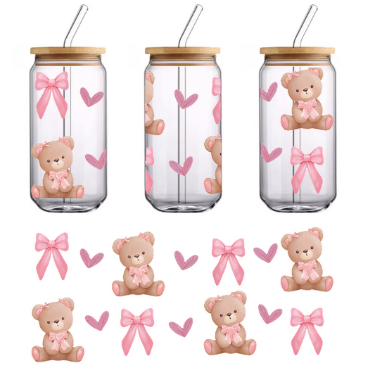 Adorable pastel teddy bears with pink bows and hearts, perfect for a cute and cheerful design or decoration!UV Transfers dtf prints