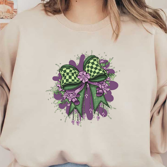 A vibrant illustration featuring a large green and black checkered bow adorned with delicate purple flowers and decorative ribbons.DTF Transfers