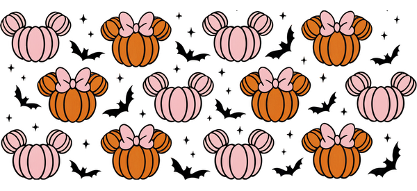 A whimsical pattern featuring cute Mickey Mouse-shaped pumpkins in pastel pink and orange with bows, ideal for autumn decor.UV Transfers dtf prints