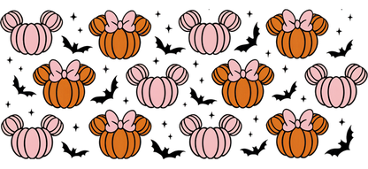 A whimsical pattern featuring cute Mickey Mouse-shaped pumpkins in pastel pink and orange with bows, ideal for autumn decor.UV Transfers dtf prints