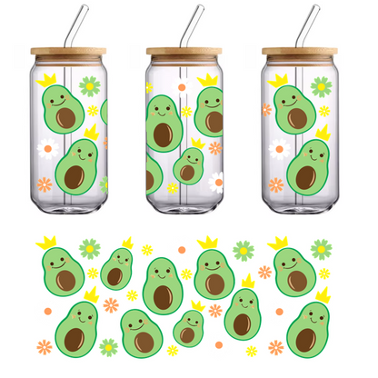 A playful pattern of happy avocados wearing crowns, surrounded by colorful flowers.UV Transfers