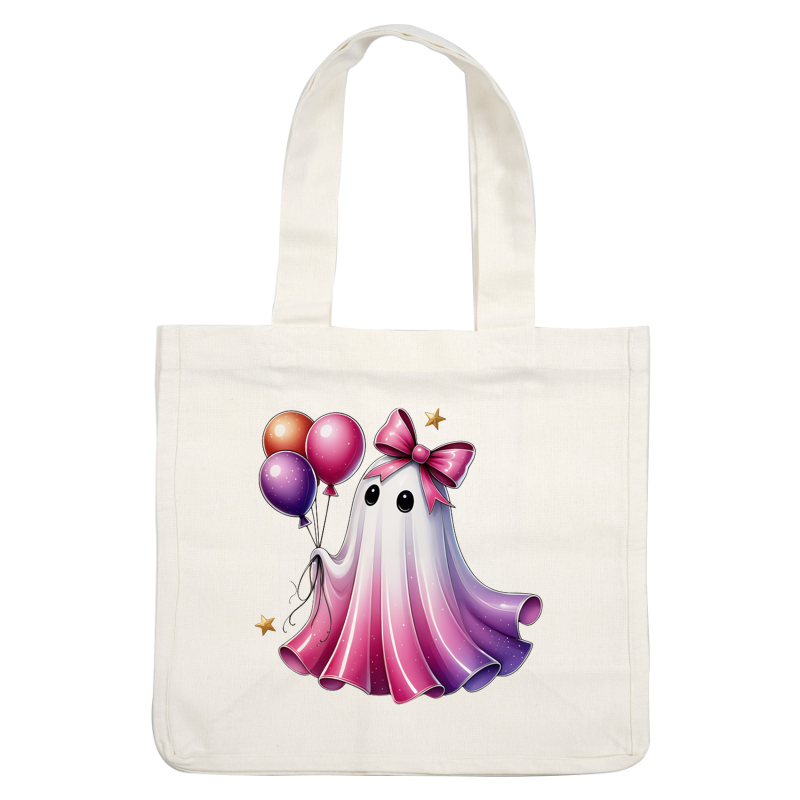 Un lindo fantasma caricaturesco con un lazo rosa y globos coloridos, que presenta un diseño ombré caprichoso en rosa y morado.