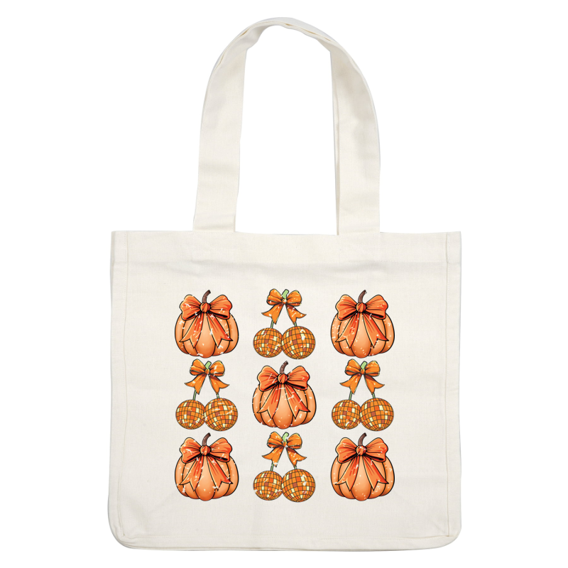 A festive arrangement of orange pumpkins and round ornaments adorned with bows, perfect for autumn decor! heat press transfers