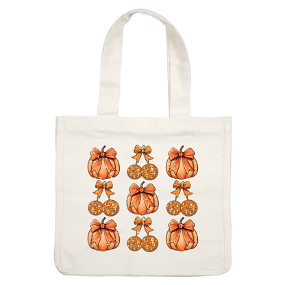 A festive arrangement of orange pumpkins and round ornaments adorned with bows, perfect for autumn decor! heat press transfers