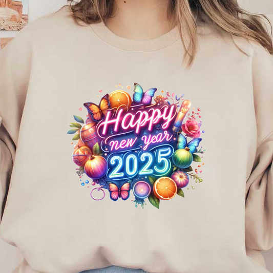 A vibrant and colorful "Happy New Year 2025" design featuring butterflies, fruits, and festive decorations for a cheerful celebration!DTF Transfers