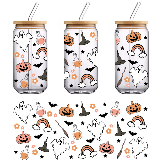 Un patrón caprichoso con temática de Halloween que presenta lindos fantasmas, calabazas, sombreros de brujas, arcoíris y elementos florales en colores suaves. Transferencias UV