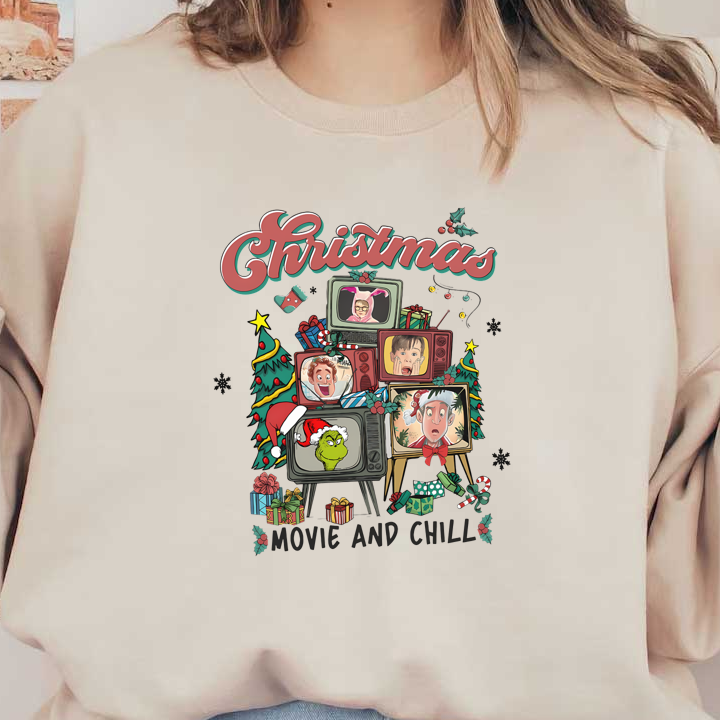 Celebrate the holiday spirit with this festive "Christmas Movie and Chill" design featuring retro televisions and iconic characters.DTF Transfers heat press transfers heat press transfers