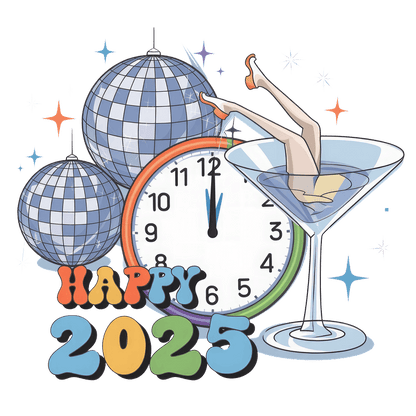 Celebrate New Year's 2025 with a festive design featuring disco balls, a clock, and a whimsical martini glass!DTF Transfers