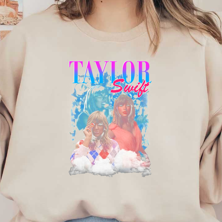 Vibrant collage featuring Taylor Swift in various outfits, showcasing her iconic style and personality with colorful graphic elements.DTF Transfers