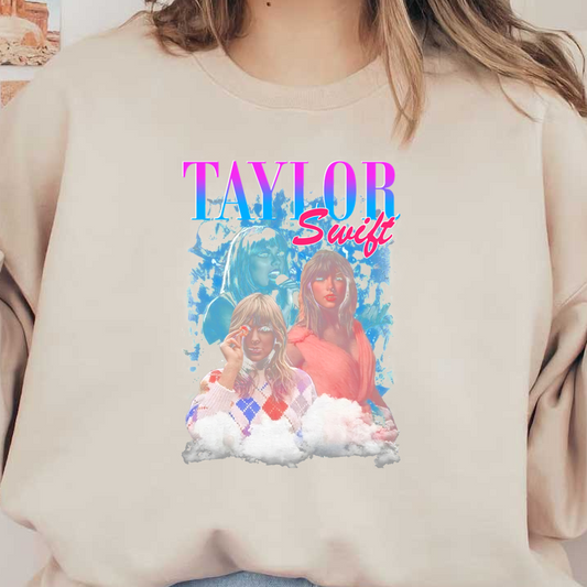 Vibrant collage featuring Taylor Swift in various outfits, showcasing her iconic style and personality with colorful graphic elements.DTF Transfers