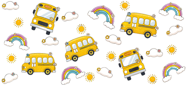 A playful pattern featuring charming yellow school buses, rainbows, sun icons, and fluffy clouds against a bright background.UV Transfers dtf prints