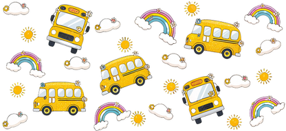 A playful pattern featuring charming yellow school buses, rainbows, sun icons, and fluffy clouds against a bright background.UV Transfers dtf prints