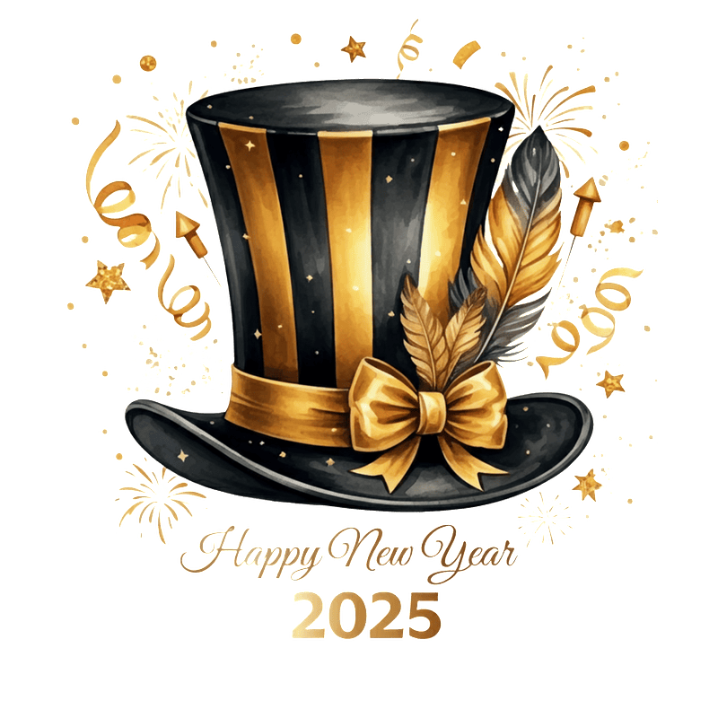 Celebrate the New Year 2025 with this stylish black and gold top hat adorned with a bow and feather!DTF Transfers