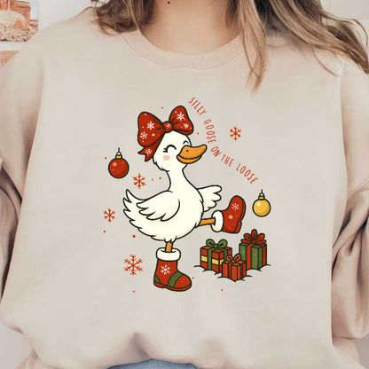 Festive cartoon duck, wearing a bow and boots, surrounded by holiday decorations.DTF Transfers