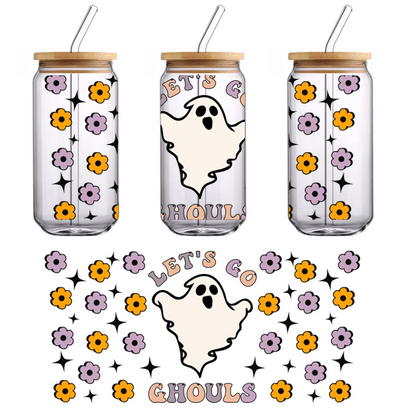 A playful Halloween-themed design featuring a cheerful ghost surrounded by colorful flowers and the phrase "Let's Go Ghouls."UV Transfers heat press transfers