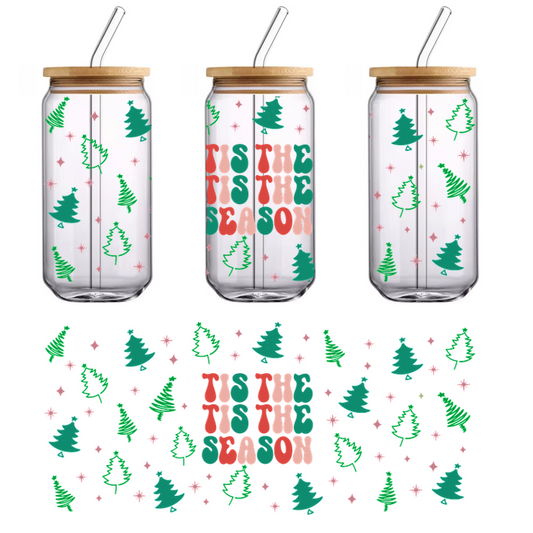 A festive design featuring the phrase "Tis the Season" surrounded by colorful Christmas trees and snowflakes.UV Transfers dtf prints