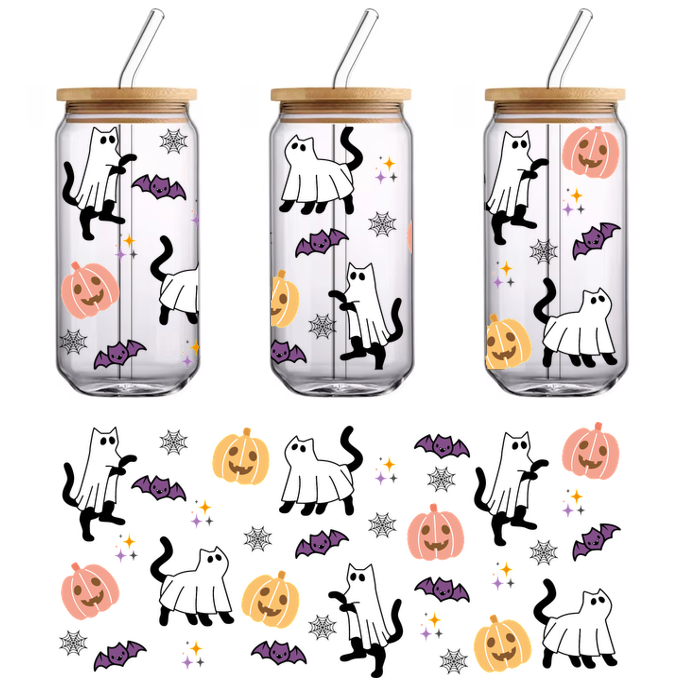 A fun Halloween-themed pattern featuring cute white ghosts, smiling pumpkins in orange and pink, and playful bats.UV Transfers dtf transfers