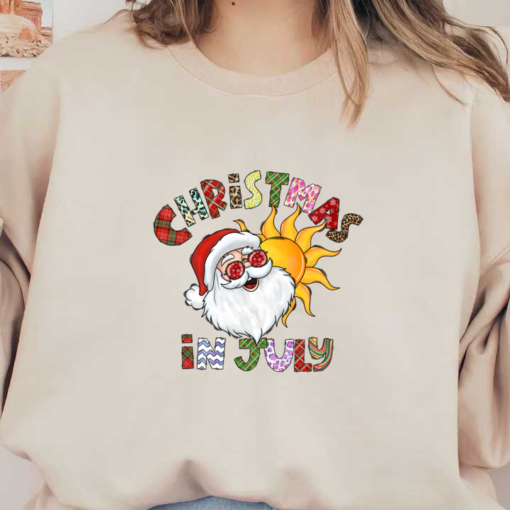 Celebrate "Christmas in July" with a fun illustration of Santa wearing sunglasses, surrounded by a bright sun and colorful text!DTF Transfersdtf regular iron