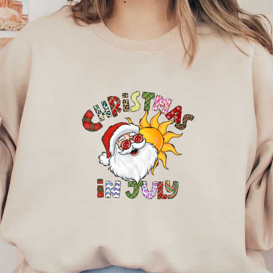 Celebrate "Christmas in July" with a fun illustration of Santa wearing sunglasses, surrounded by a bright sun and colorful text!DTF Transfersdtf regular iron