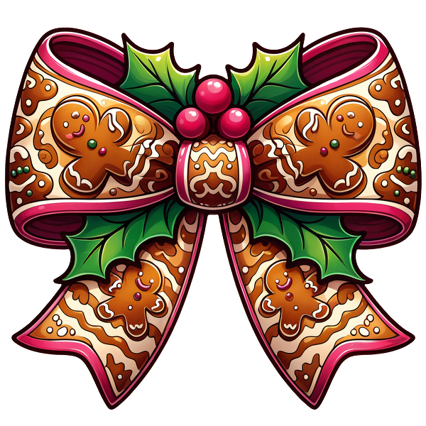 A whimsical gingerbread-themed bow adorned with festive holly leaves and berries, perfect for holiday decorations. dtf transfers