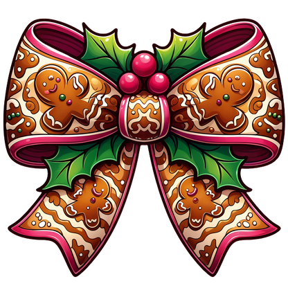 A whimsical gingerbread-themed bow adorned with festive holly leaves and berries, perfect for holiday decorations. dtf transfers