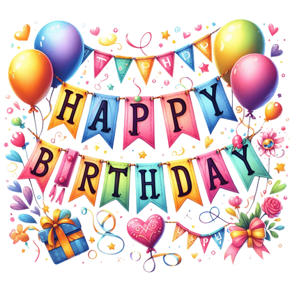 Celebrate in style with this vibrant birthday banner featuring colorful letters, balloons, and festive decorations!DTF Transfers