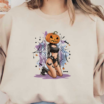 Una divertida ilustración con temática de Halloween que presenta una figura con cabeza de calabaza, medias de rejilla y detalles de telaraña.