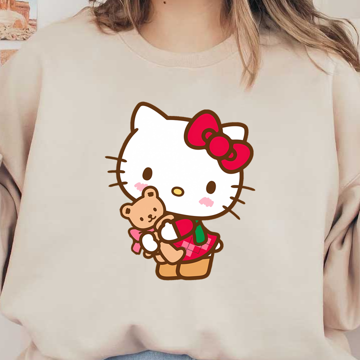 Hello Kitty, wearing a red bow and cute outfit, lovingly holds a teddy bear in this adorable illustration.DTF Transfers